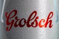 Detail of water droplets on Grolsch Premium Pilsner - Grolsch Premium Lager beer can. Studio photo shoot in Bucharest, Romania,