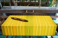 Detail of weaving loom for homemade silk