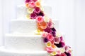 Detail of a wedding cake decorated with sugar flowers