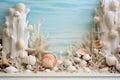 detail of a white fireplace mantel with seashell and lighthouse figurines