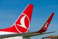 Detail of the wing of a short-to medium-range twinjet narrow-body airliner Boeing 737-800.