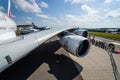 Detail of the wing and a turbofan Engine Alliance GP7000 of aircraft - Airbus A380.