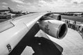 Detail of the wing and a turbofan Engine Alliance GP7000 of aircraft Airbus A380 Royalty Free Stock Photo