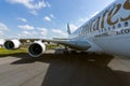 Detail of the wing and a turbofan Engine Alliance GP7000 of the airliner - Airbus A380. Royalty Free Stock Photo