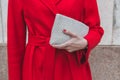 Detail of a woman posing outside Gabriele Colangelo fashion show