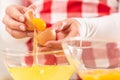 Detail of woman`s hands separating egg yolks from the whites into two glass bowls Royalty Free Stock Photo