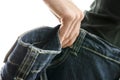 Detail of woman skinny waist in too large old jeans