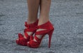 Detail of Womens red high heels in New York Royalty Free Stock Photo