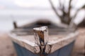 Detail of a wood fisherman`s boat prow painted in blue and white , Paqueta, Rio de Janeiro, Brazil Royalty Free Stock Photo