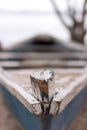 Detail of a wood fisherman`s boat prow painted in blue and white , Paqueta, Rio de Janeiro Royalty Free Stock Photo