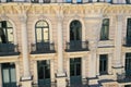 Detail of yellow art nouveau building facade of building in