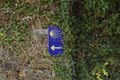 Detail of a yellow shell and arrow sign on the wall in the countryside that guides the pilgrims in the Camino de Santiago, Spain.