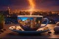 a detailed 8K panorama of a night scene featuring a cup of coffee at window side