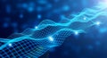 Abstract glowing blue digital wave network with interconnected nodes and flowing data lines in futuristic style Royalty Free Stock Photo