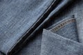 Detailed abstract texture of dark blue denim cloth. Background image of old used denim trousers fabric Royalty Free Stock Photo