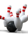 Bowling ball hitting all pins scoring strike, action shot, white background Royalty Free Stock Photo