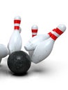 Bowling ball hitting all pins scoring strike, action shot, white background Royalty Free Stock Photo