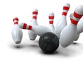 Bowling ball hitting all pins scoring strike, action shot, white background Royalty Free Stock Photo