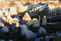 Detailed aerial landscape view of typical geologic formations of Cappadocia. Amazing shaped sandstone rocks Royalty Free Stock Photo