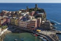 Detailed aerial view of the colorful historic center of Vernazza, Cinque Terre, Liguria, Italy Royalty Free Stock Photo