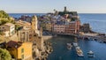 Detailed aerial view of the historic center of Vernazza illuminated by the golden light of sunset, Cinque Terre, Liguria, Italy Royalty Free Stock Photo