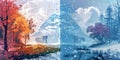Detailed AI-Generated Comparison of Summer and Winter Seasons, Emphasizing Climate Changes and Aging Effects Over Time Royalty Free Stock Photo