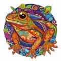 Colorful mandala illustration of a whimsical frog on a white background. Generative AI.