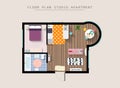 Detailed apartment furniture overhead top view. Studio Apartment With One Bedroom. Flat style vector illustration Royalty Free Stock Photo