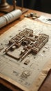 Detailed architectural blueprint complex building plan. Features 3D model on aged paper, resting on wooden table. Precision Royalty Free Stock Photo