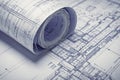 Detailed architectural blueprint small roll featuring precise technical project drawing Royalty Free Stock Photo