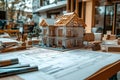 detailed architectural model of a modern house with blueprints and drafting tools on a wooden table in a bright office space Royalty Free Stock Photo