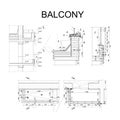 Detailed architectural plan, blueprint of balcony. Vector