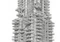 Detailed architectural rendering of a modern high-rise building, showcasing multiple cantilevered Royalty Free Stock Photo
