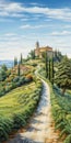 Detailed Architecture Paintings: Cypress Tree On Hill