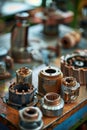 A detailed arrangement of metallic nuts and bolts in a workshop with a focus on texture and light Royalty Free Stock Photo