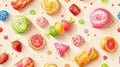 Colorful candy assortment with various sweets. Vibrant and fun design perfect for backgrounds, digital art, or marketing