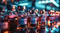 Detailed array of Covid-19 vaccine vials illuminated in a laboratory setting