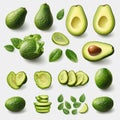 Collection of Fresh Avocados and Slices on White Background, Showcasing Whole Avocados, Halved Avocados, Slices, and