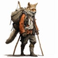 Hyperrealistic Fantasy Illustration: Angry Fox With Backpack And Poles