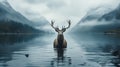 Detailed Atmospheric Portrait: Deer In Water Near Mountains