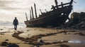 Detailed Atmospheric Portrait Of A Fallen Ship On A Beach Royalty Free Stock Photo