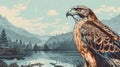 Detailed Atmospheric Portrait Of Hawk In Forest Near Lake