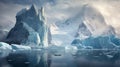 Detailed Atmospheric Portraits Of A Big Group Of Icebergs In Front Of A Tall Hill