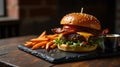 Detailed beef burger on rugged slate in cinematic environment. Generative AI Royalty Free Stock Photo