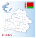 Detailed Belarus administrative map with country flag and location on a blue globe