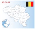Detailed Belgium administrative map with country flag and location on a blue globe
