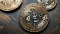 Detailed Bitcoin Coins on Rustic Surface