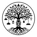 Intricate black silhouette of a symbolic tree of life with a lock and various elements inside a circle isolated on white Royalty Free Stock Photo