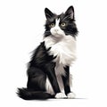 Detailed Black And White Cat Illustration On White Surface