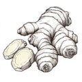 Detailed black and white drawing of fresh ginger root including sliced sections Royalty Free Stock Photo